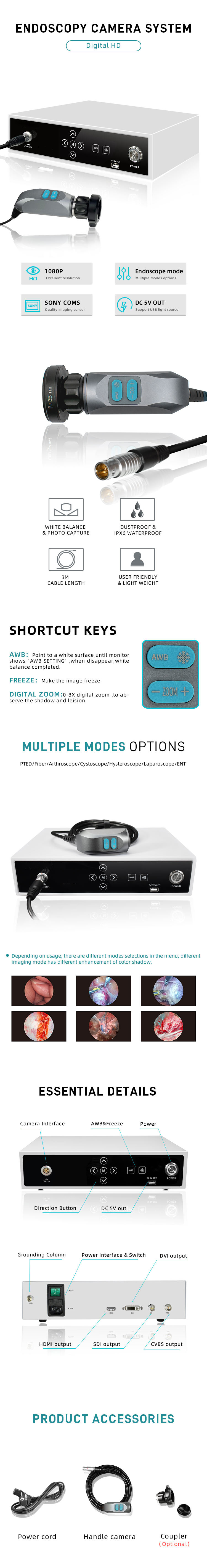 Full HD 1080p Medical Endoscopy Video Processor For Rigid ENT Endoscope Camera System